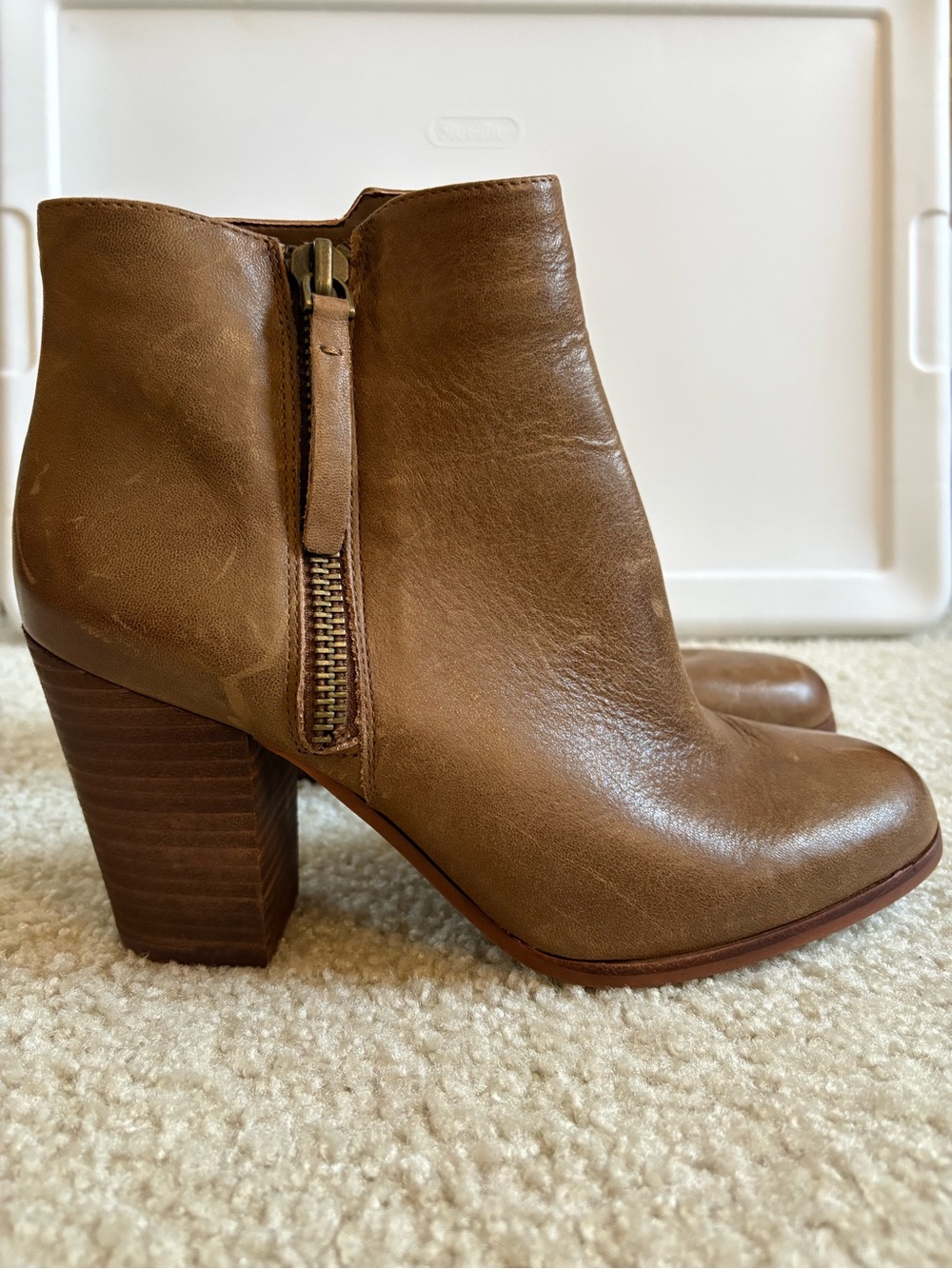 Gianni Bini Cognac Leather Block Heel Ankle Booties